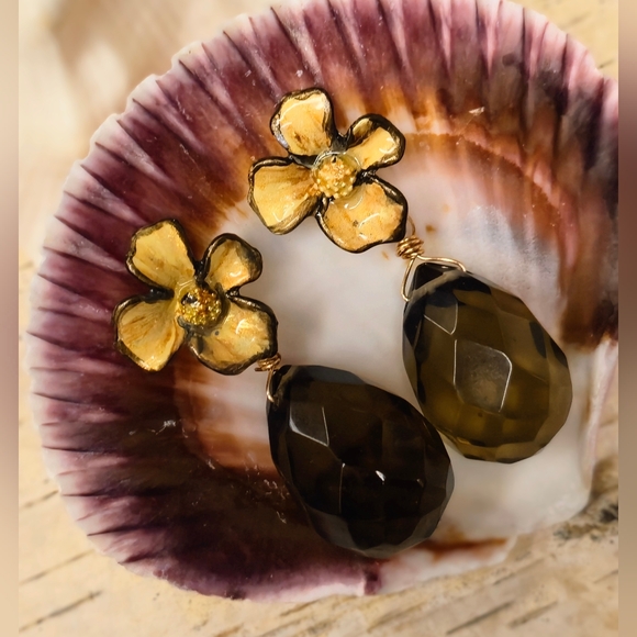 Handpainted Brown Flowers & Smoky Quartz In Chunky Artisan Gold Plated Earrings - Picture 3 of 9